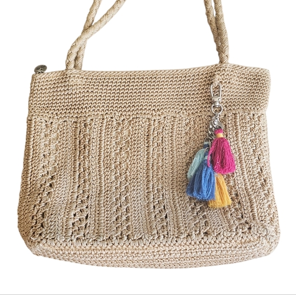 The Sak Crochet Boho Elegant Tan Woven Bag with Colorful Tassels - Picture 2 of 6